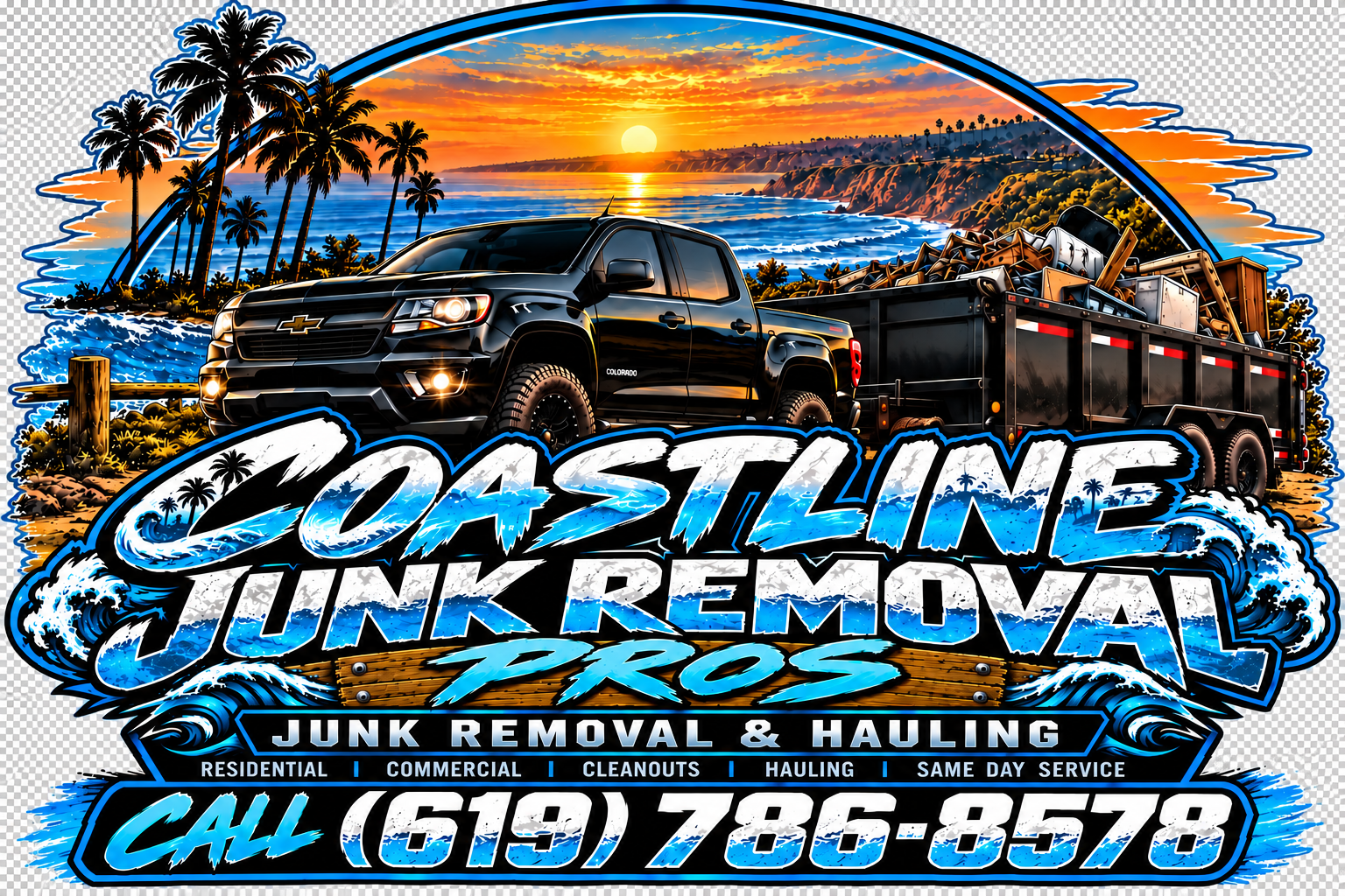 Coastline Junk Removal Pros coastal truck and hauling trailer artwork